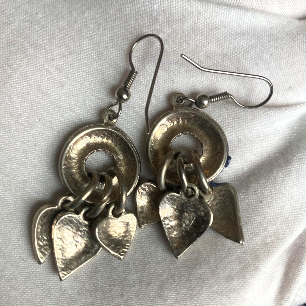 Silver Heart Dangle Earrings Blue Enamel Rhinestone Detail Signed on Back - Picture 5 of 7